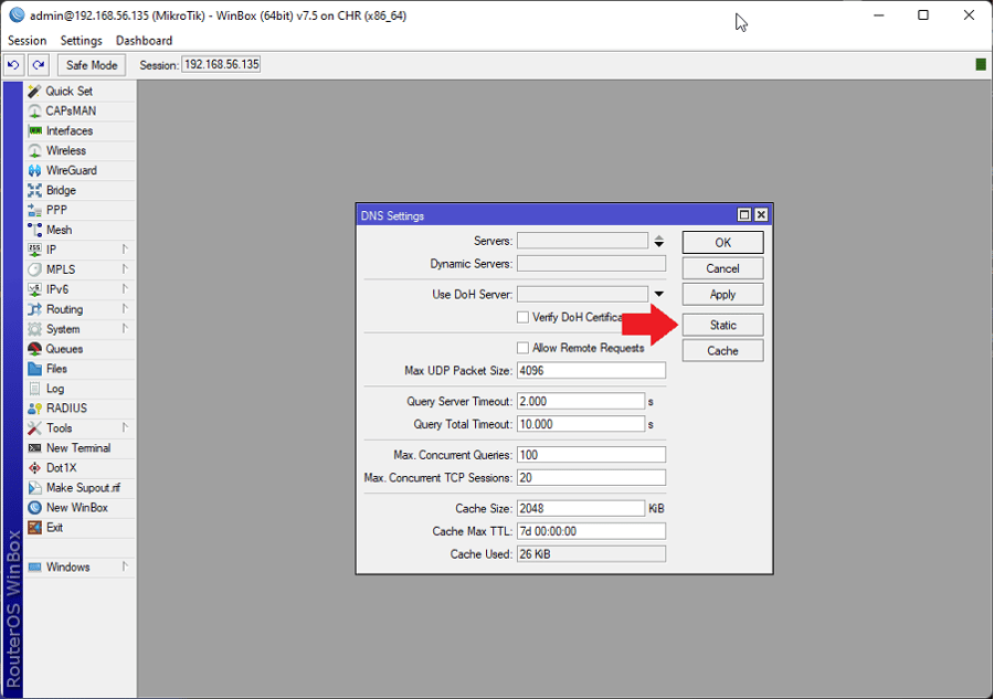 Setting MikroTik Cache DNS to Save Static DNS Entry